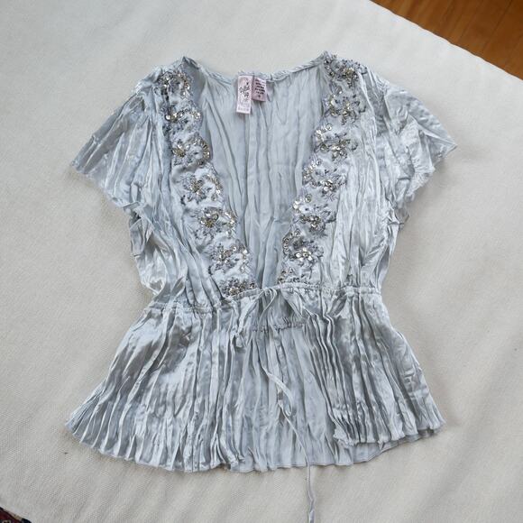 Y2k vintage crinkle top tie front beaded fairy-core M - Picture 2 of 10